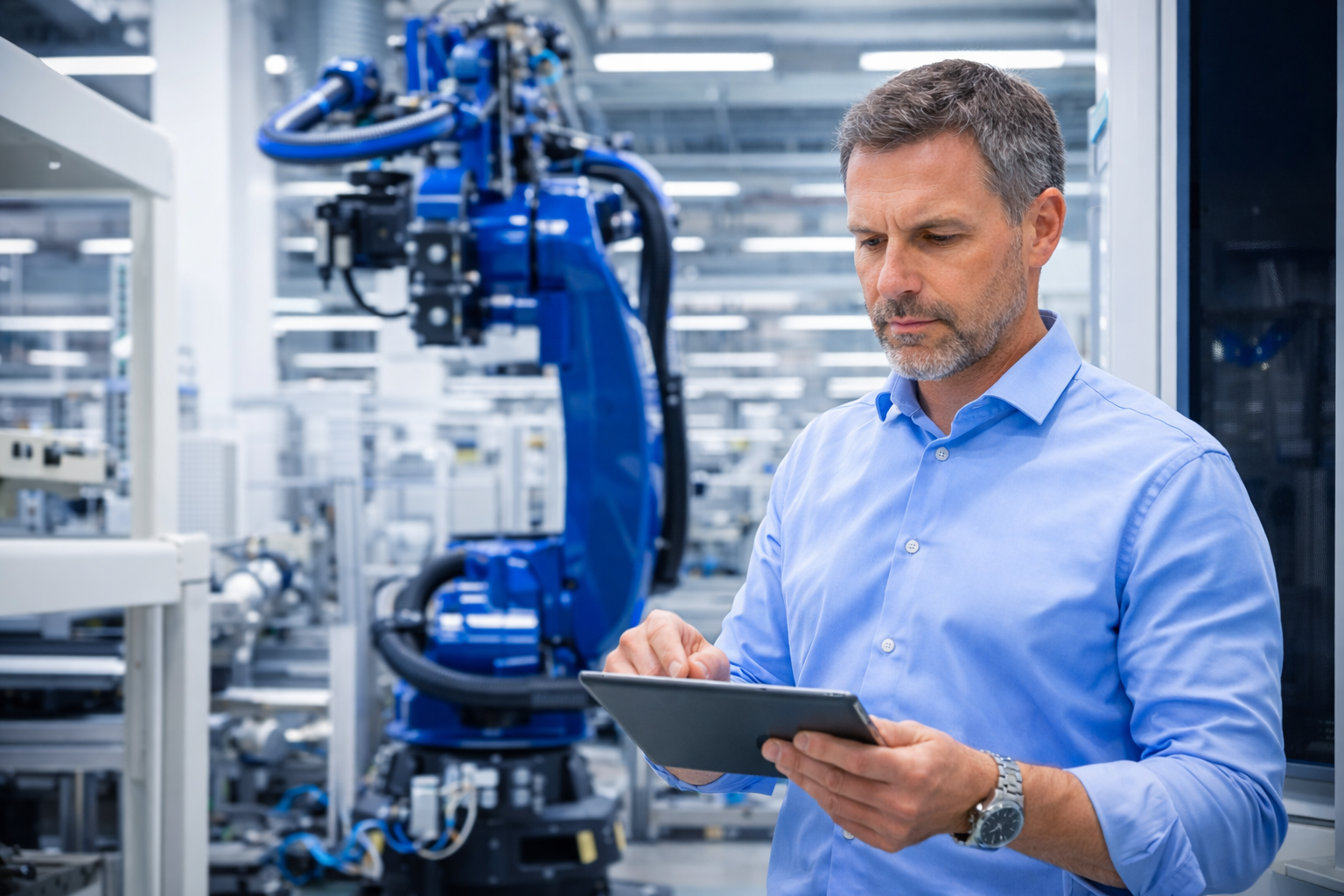 Inženýr pracuje s tabletem v moderní výrobní hale s průmyslovým robotem a automatizovaným pracovištěm.