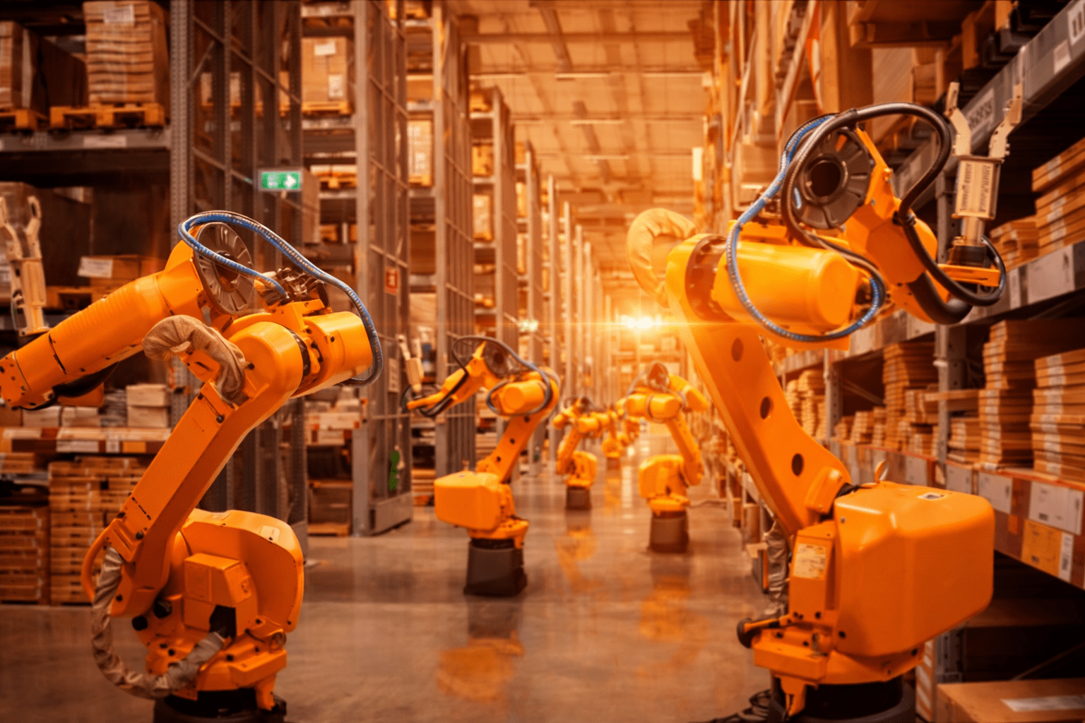 Průmyslové roboty pracující v automatizovaném skladovém a výrobním prostředí.